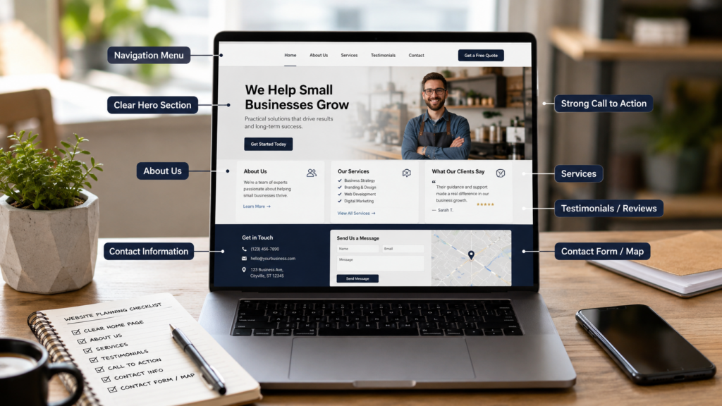 Modern office workspace with website mockup